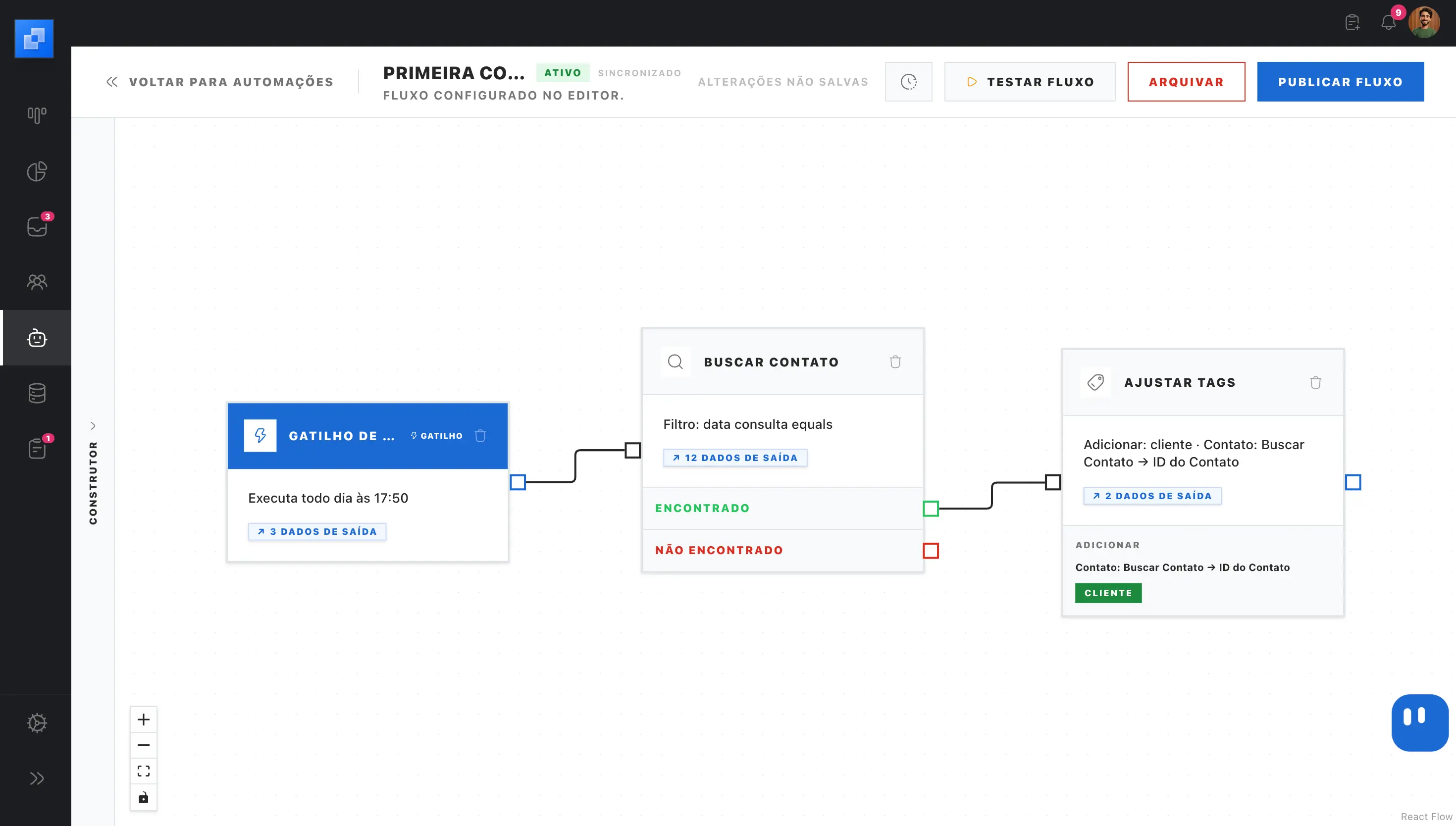 Exemplo do construtor de automações do Cowork. Conecte ações para classificar solicitações, encaminhar contatos e apoiar o acompanhamento dos pedidos.