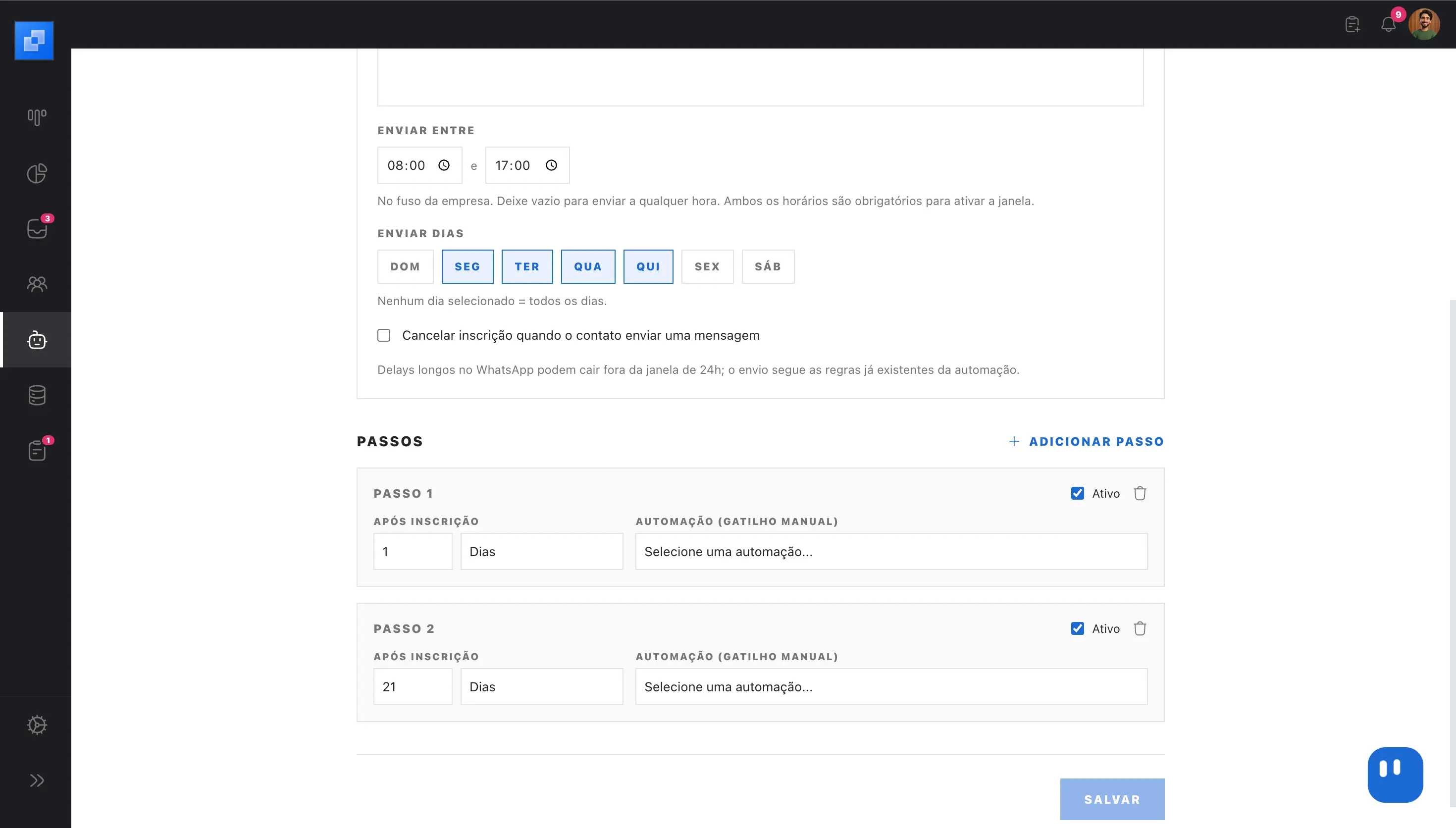 Exemplo de sequências no Cowork. Configure a continuidade das mensagens para acompanhar propostas e próximos retornos combinados com interessados e hóspedes.